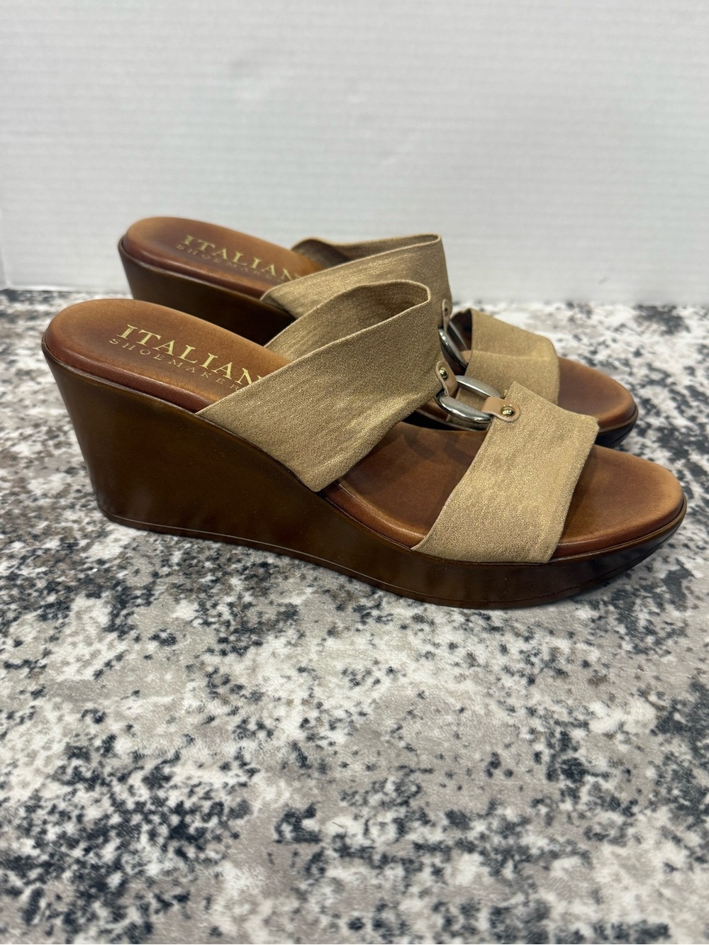 Italian Shoemakers Beige/Tan Wedge Slide Sandals with Silver Accent